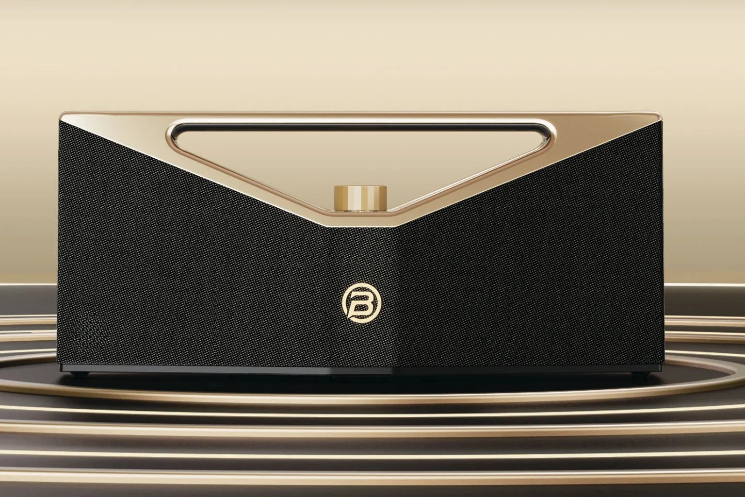 Black and gold electronic device on a beige background